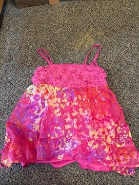 Justice Hot Pink Floral Ruffle Tank with Multicolor Print
